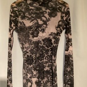 Karen Kane Tan and Black Mesh Top Mock Neck Long Sleeve Size Large